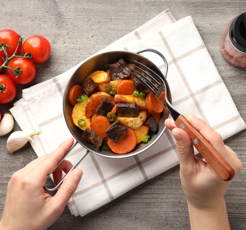 Concept of tasty food with beef with vegetables, top view